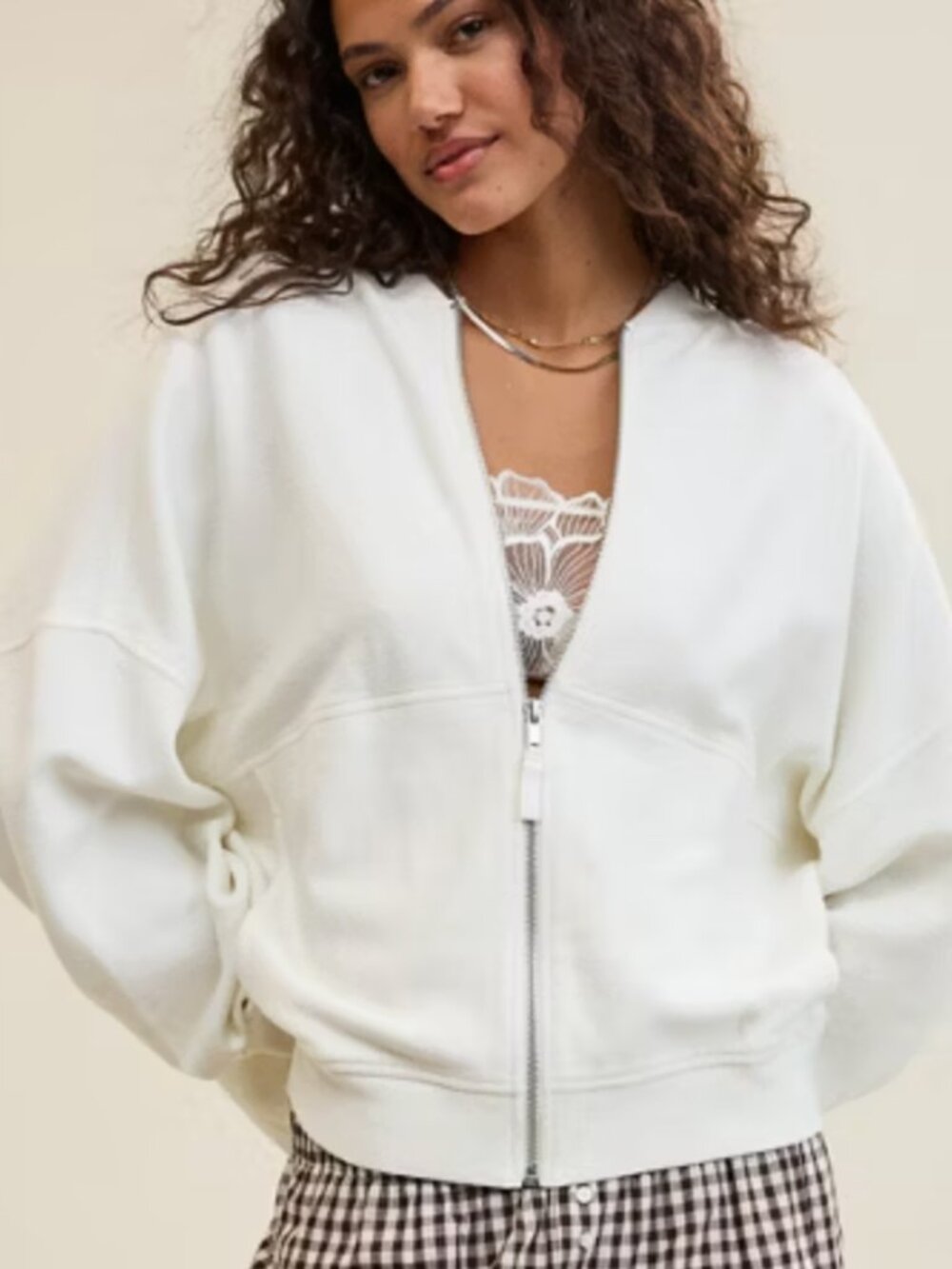 aerie Off-White Dolman Sleeve Zip-up Bomber Sweatshirt Jacket